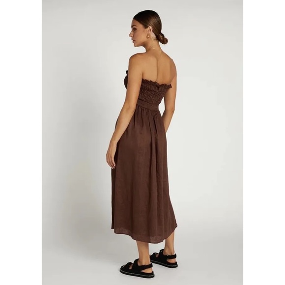 DISSH 'Thea' Chocolate Strapless 100% Linen Shirred Pleated Midi Dress Size 10 - Picture 2 of 13